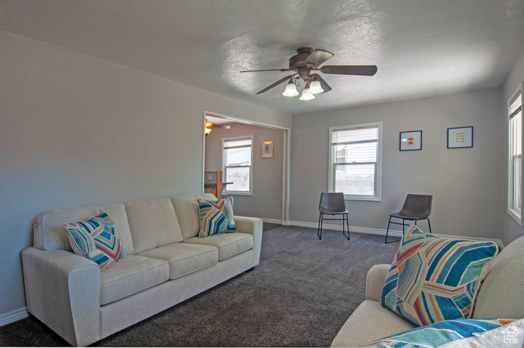 Living room featuring ceiling fan, dark carpet, and a textured ceiling