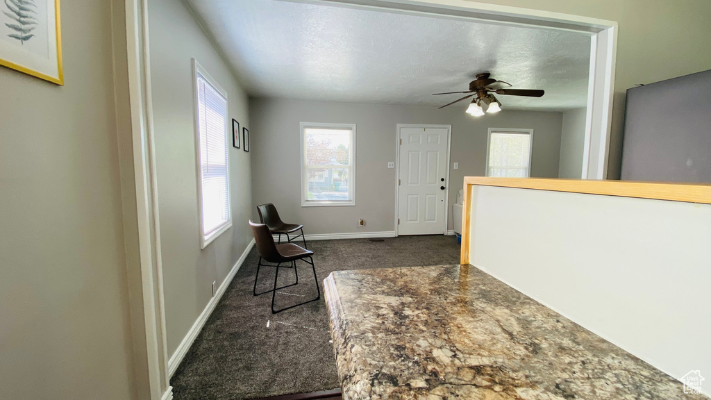 Carpeted entrance foyer with ceiling fan