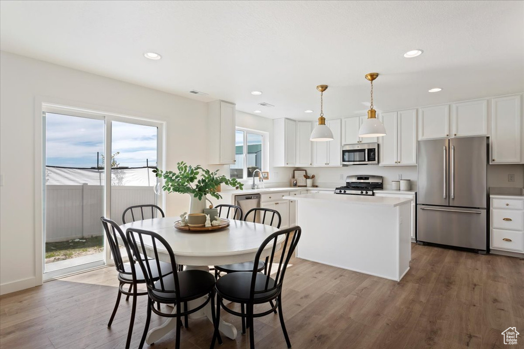 Kitchen featuring a healthy amount of sunlight, hardwood / wood-style floors, stainless steel appliances, and hanging light fixtures