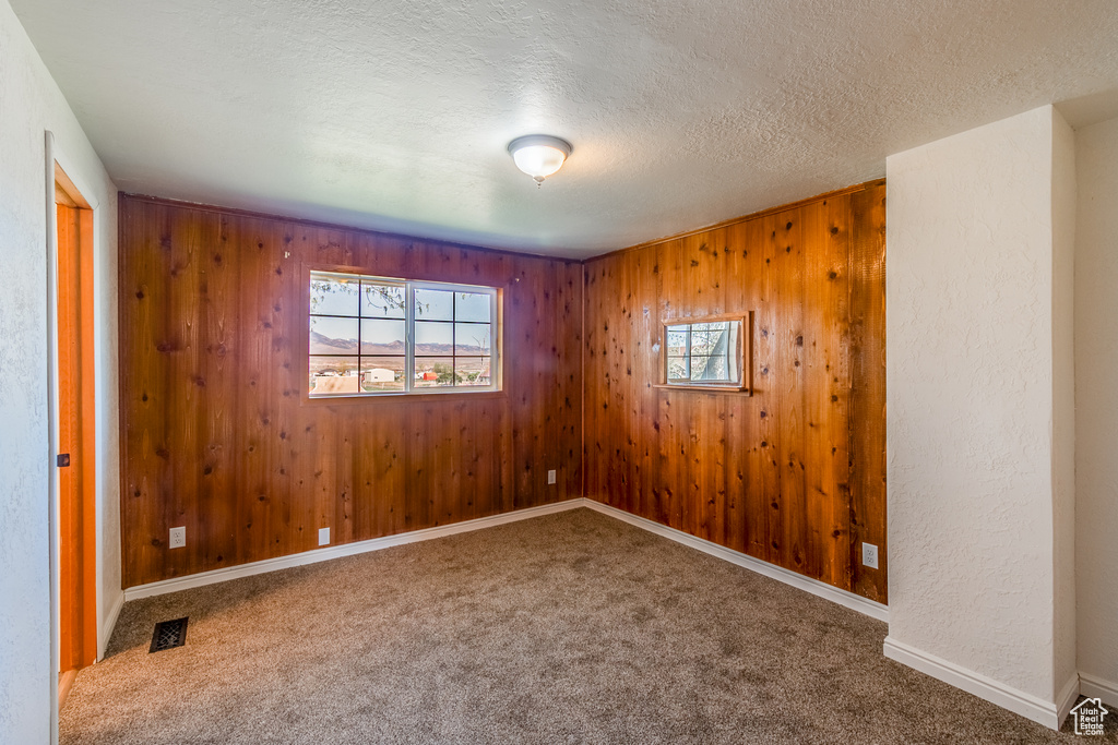 Carpeted spare room featuring a textured ceiling and wood walls