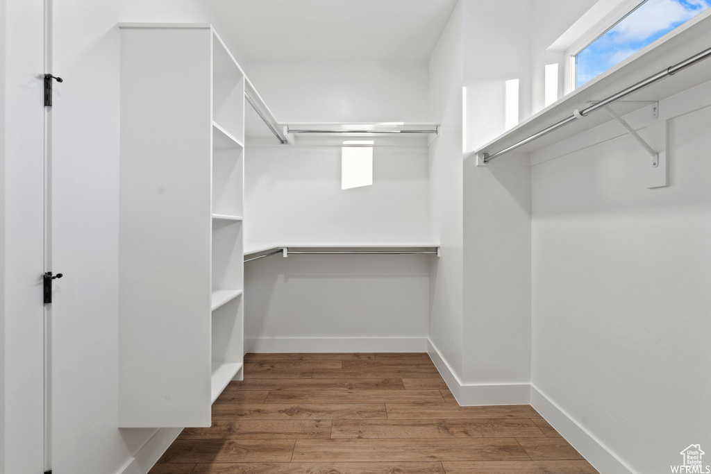 Walk in closet with dark hardwood / wood-style floors