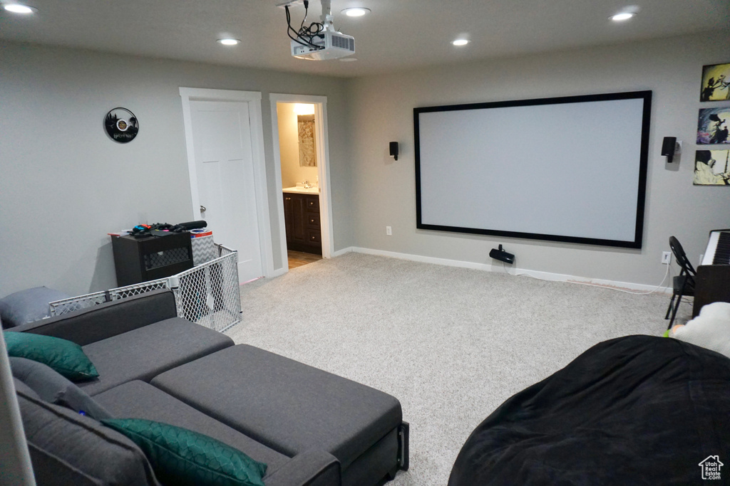 Carpeted cinema room featuring sink