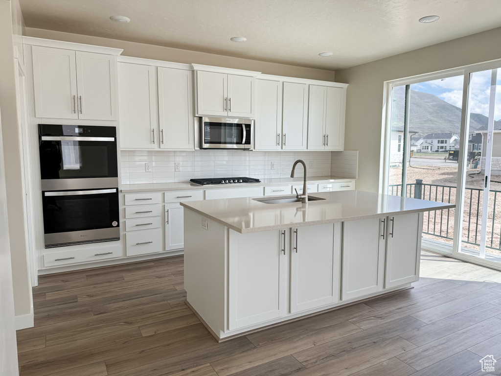 Kitchen featuring appliances with stainless steel finishes, backsplash, a center island with sink, white cabinets, and a mountain view