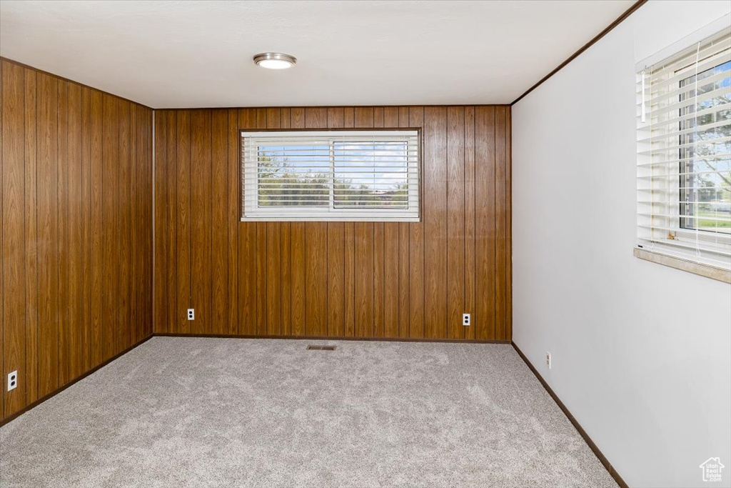 Empty room with carpet and wooden walls