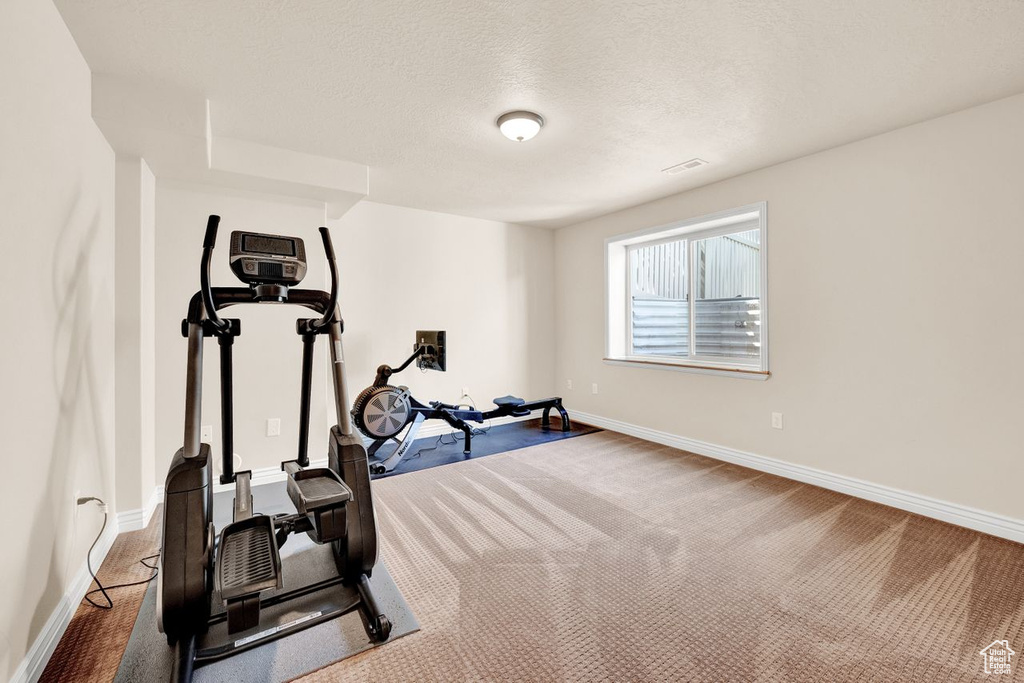 Exercise area with carpet flooring and a textured ceiling