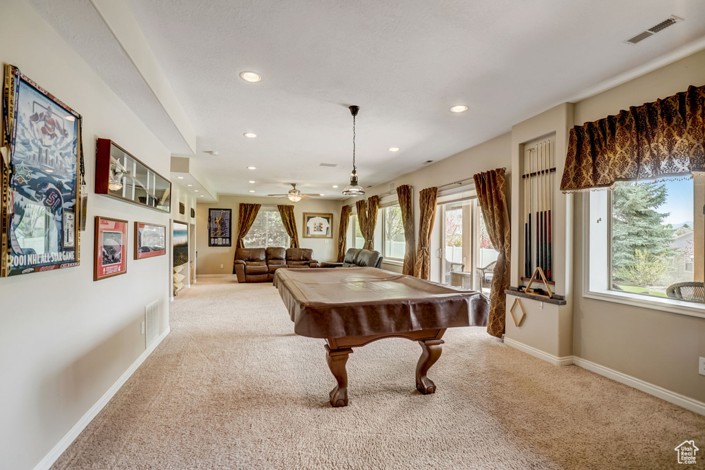 Playroom featuring ceiling fan, carpet floors, and billiards
