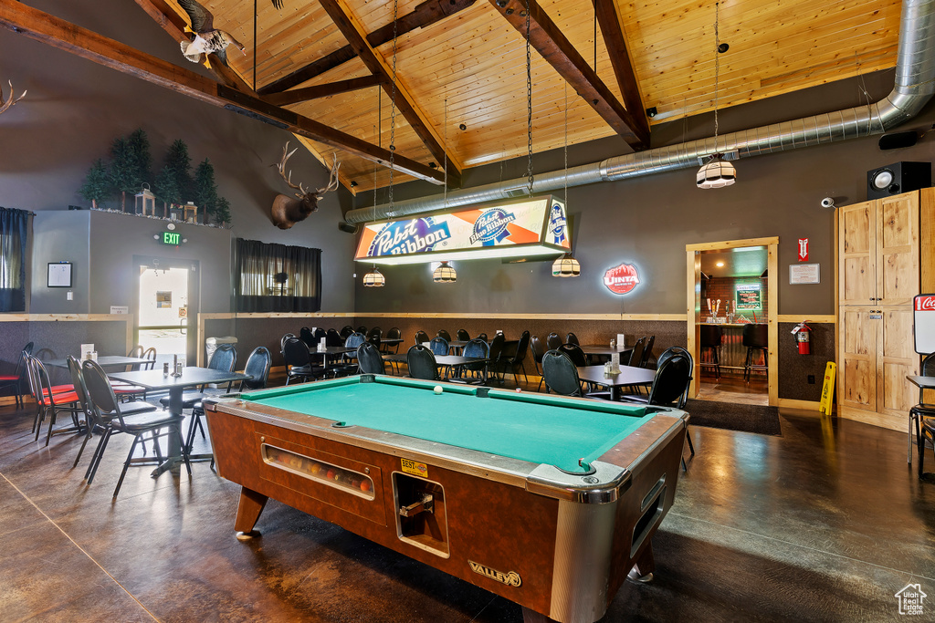 Playroom featuring wood ceiling, high vaulted ceiling, pool table, and beam ceiling