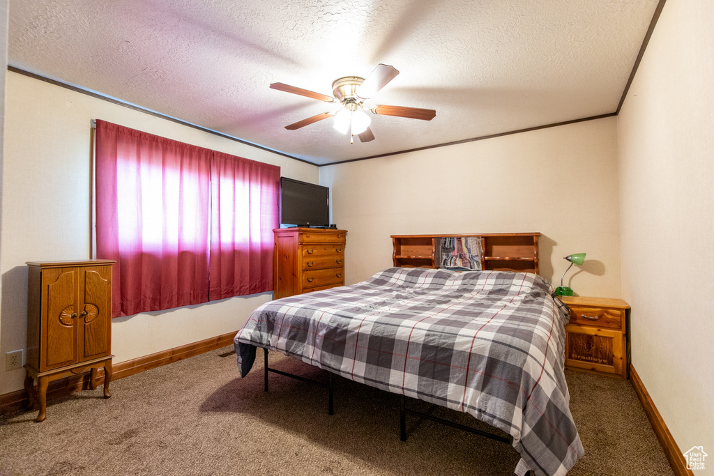 Bedroom with ceiling fan, carpet flooring, and a textured ceiling