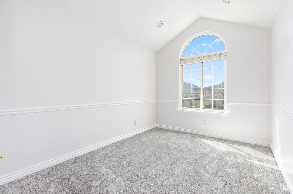 Unfurnished room with a healthy amount of sunlight, carpet floors, and lofted ceiling