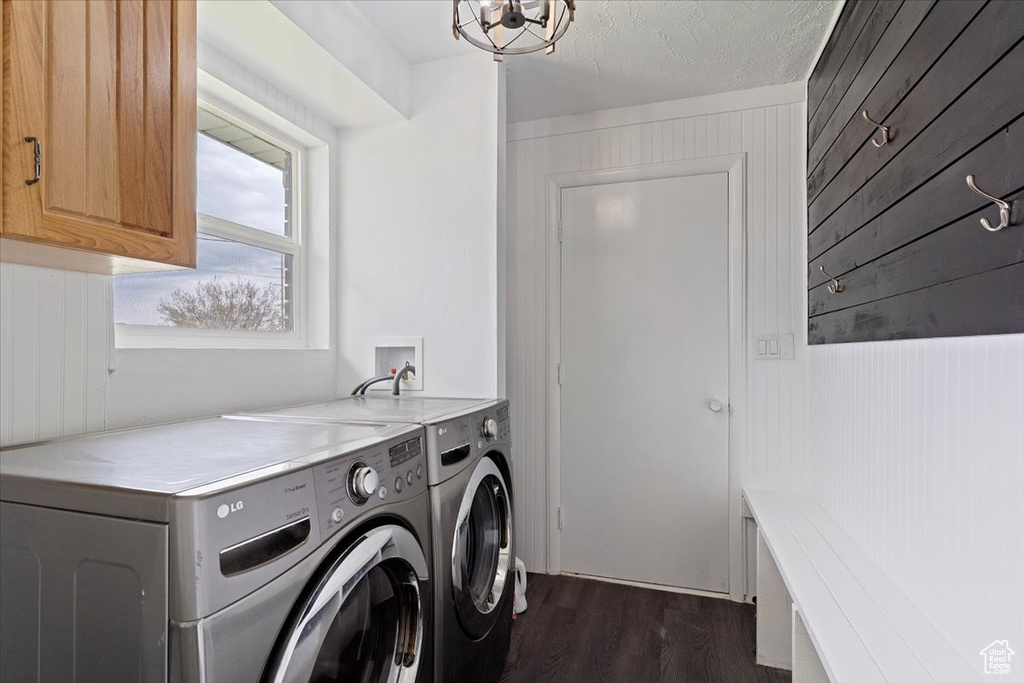 Laundry room with separate washer and dryer, dark hardwood / wood-style floors, hookup for a washing machine, cabinets, and a textured ceiling