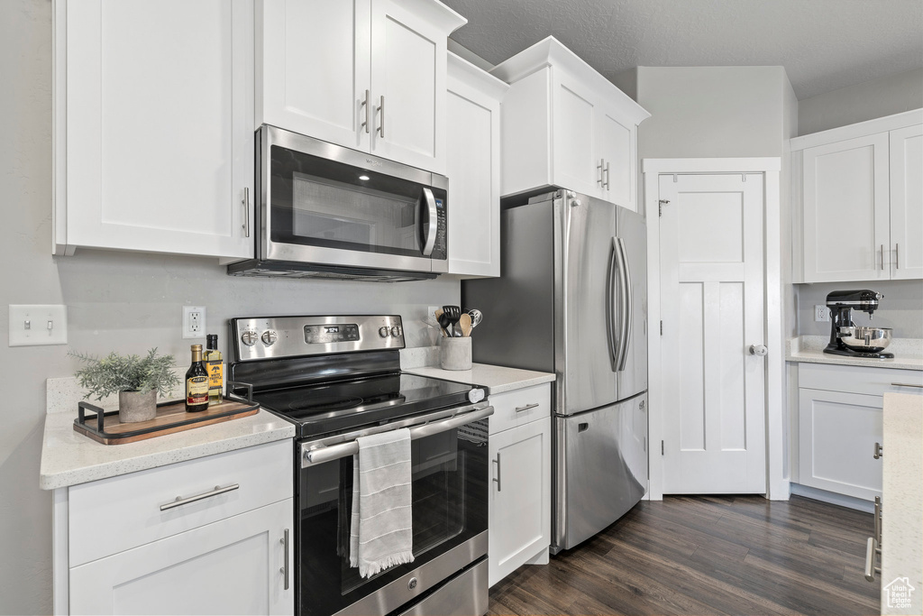 Kitchen featuring white cabinetry, stainless steel appliances, and dark hardwood / wood-style floors