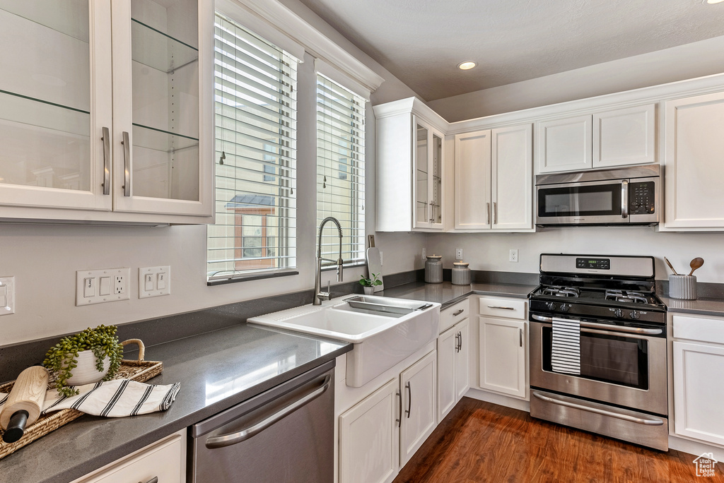 Kitchen with white cabinets, dark hardwood / wood-style flooring, appliances with stainless steel finishes, and sink