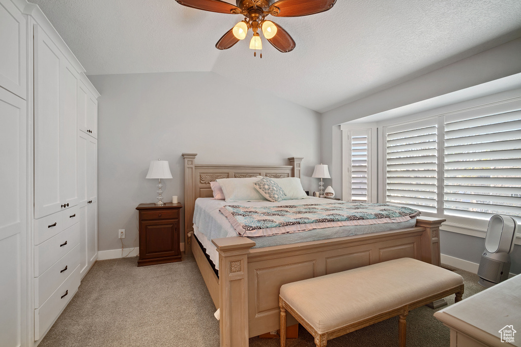 Carpeted bedroom with vaulted ceiling, ceiling fan, and a closet