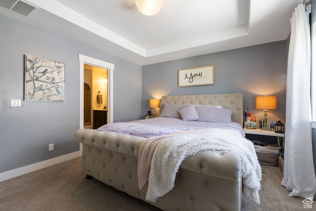 Carpeted bedroom featuring ensuite bath and a tray ceiling