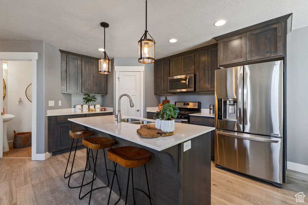Kitchen with light hardwood / wood-style flooring, appliances with stainless steel finishes, sink, dark brown cabinetry, and an island with sink