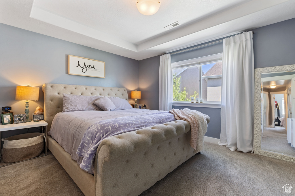 Bedroom featuring a tray ceiling and carpet floors