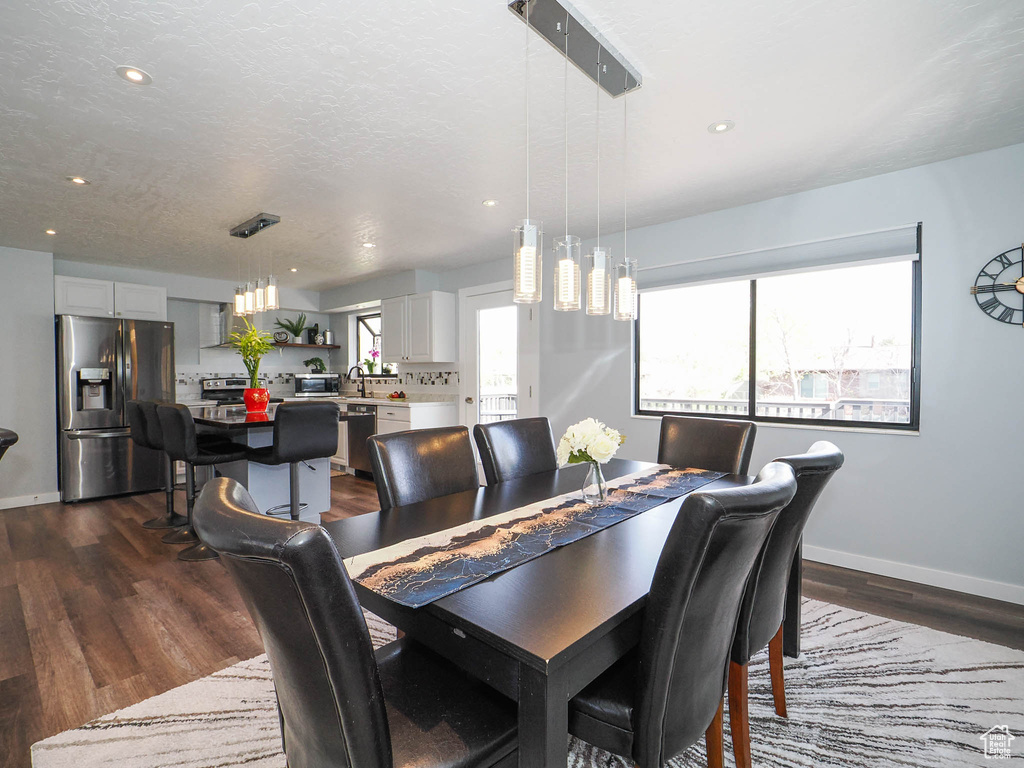 Dining space featuring dark hardwood / wood-style floors, a wealth of natural light, and sink