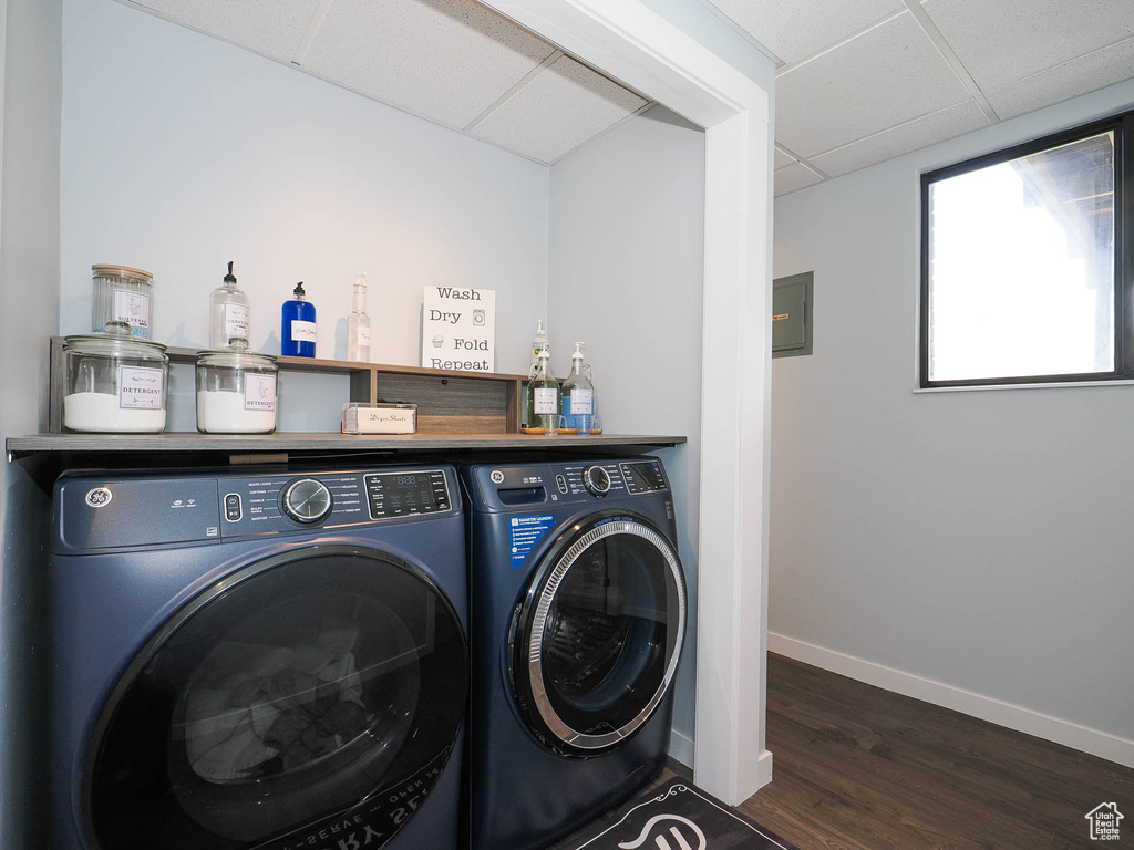 Laundry room with hardwood / wood-style floors and separate washer and dryer