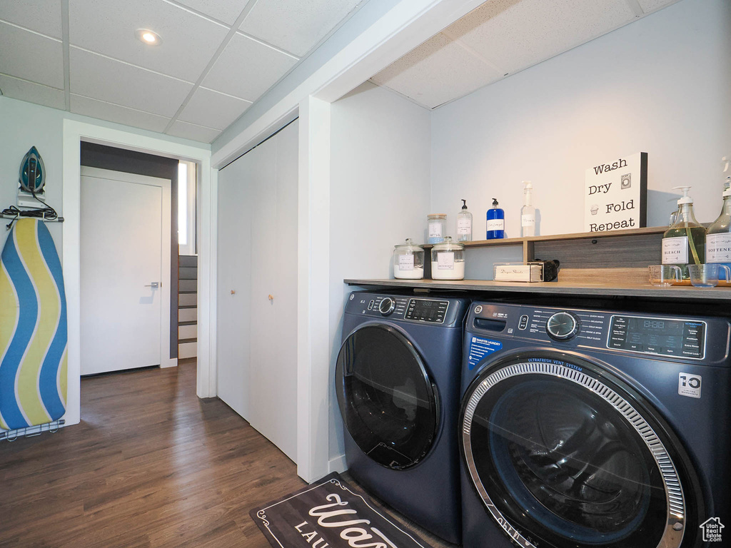 Laundry room featuring dark hardwood / wood-style floors and independent washer and dryer