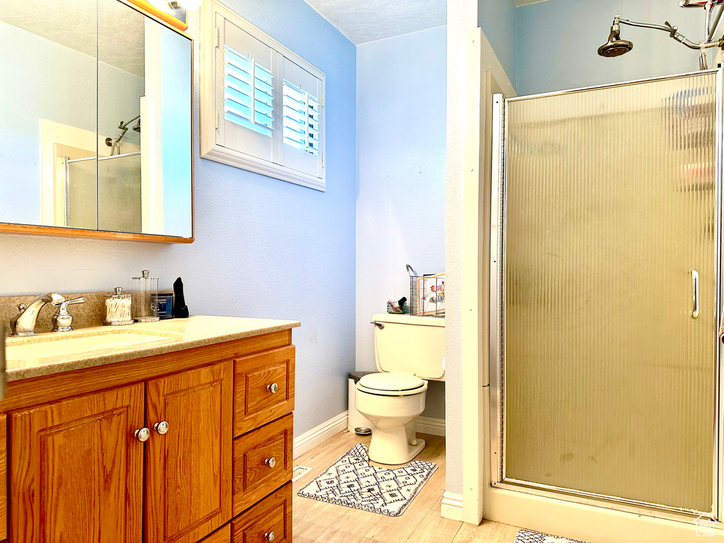 Bathroom featuring a shower with door, wood-type flooring, vanity, and toilet
