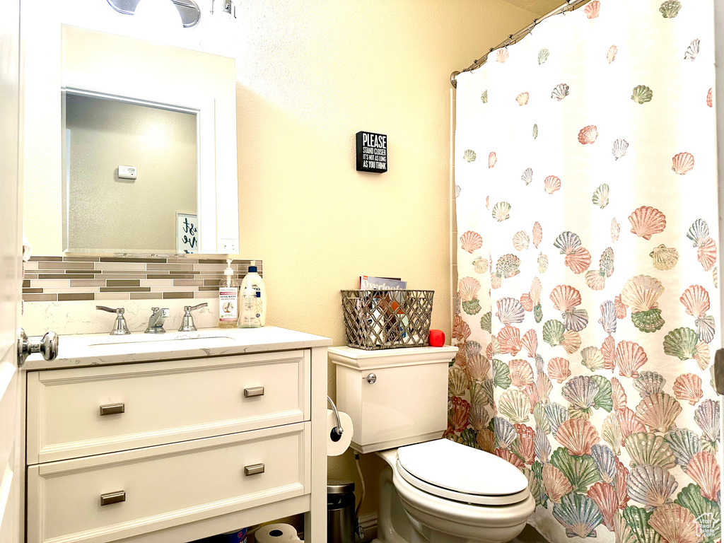 Bathroom featuring vanity with extensive cabinet space, tasteful backsplash, and toilet