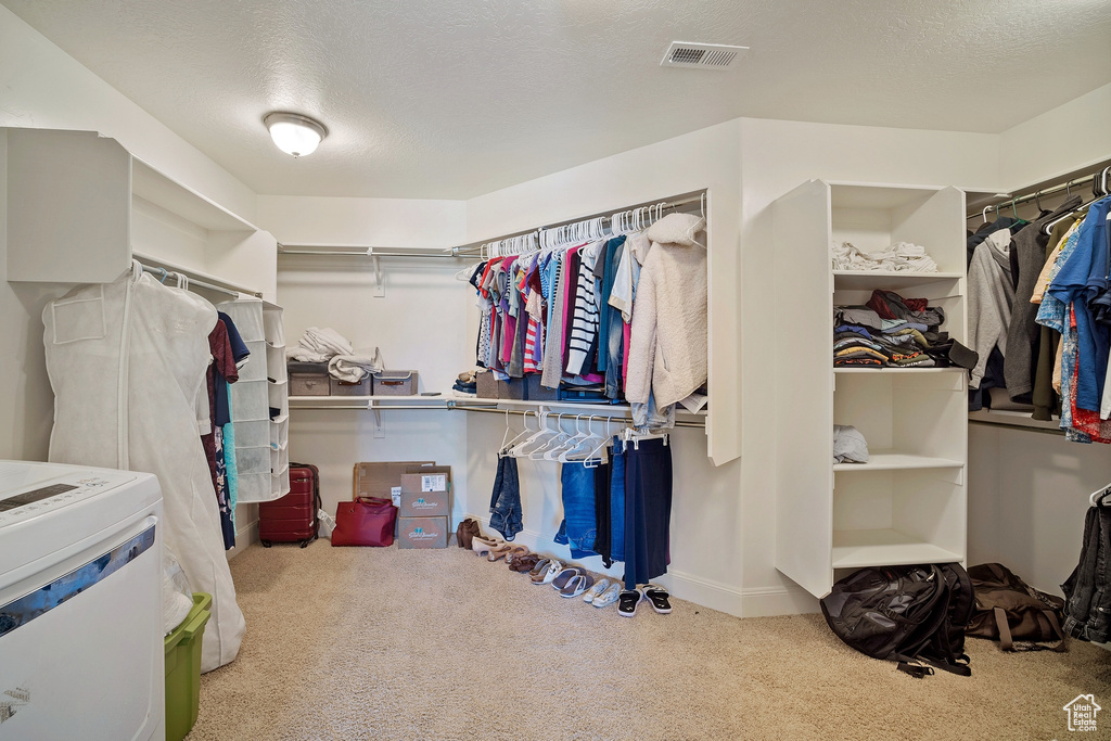 Walk in closet featuring light colored carpet and washer / dryer