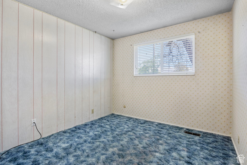 Unfurnished room featuring a textured ceiling and carpet floors