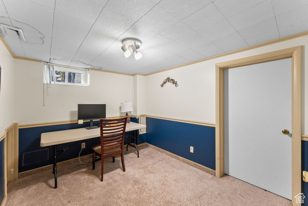 Office featuring crown molding and carpet floors