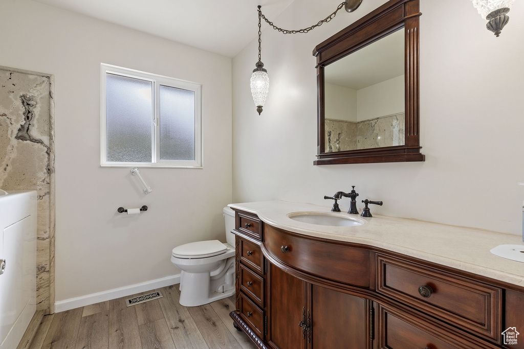 Bathroom featuring hardwood / wood-style flooring, toilet, and vanity