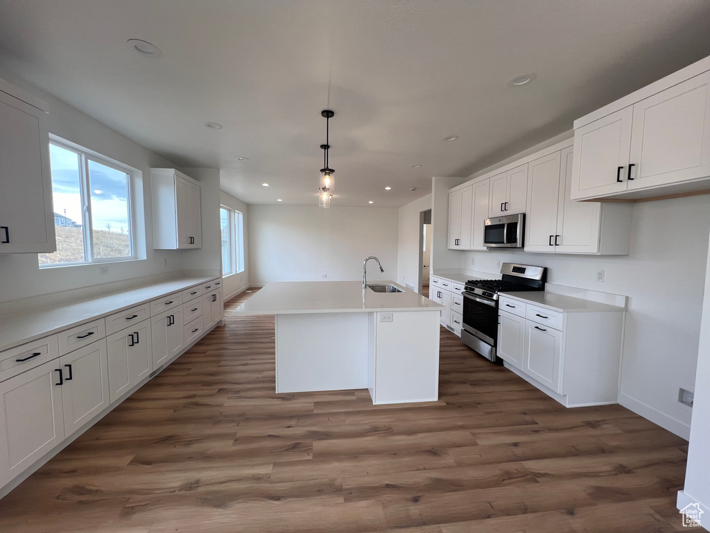 Kitchen with sink, white cabinetry, stainless steel appliances, dark hardwood / wood-style floors, and a center island with sink