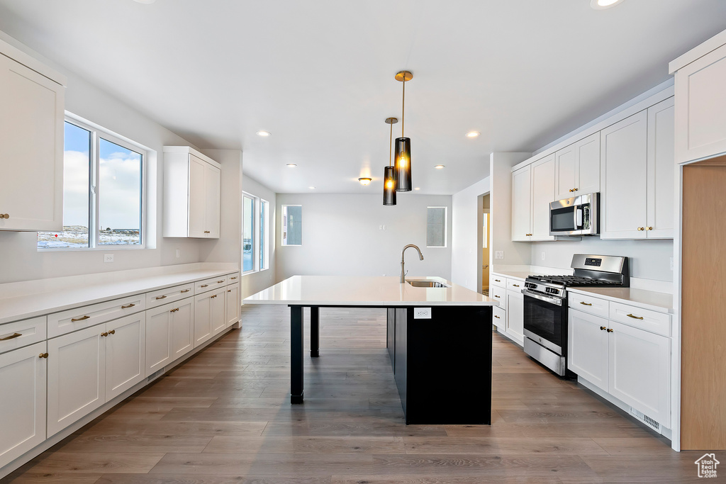 Kitchen featuring a healthy amount of sunlight, stainless steel appliances, white cabinets, and a center island with sink