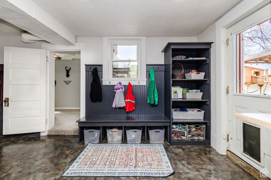 Mudroom with a wealth of natural light and a textured ceiling