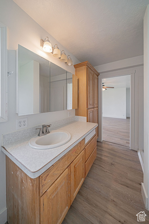 Bathroom with wood-type flooring, ceiling fan, and vanity
