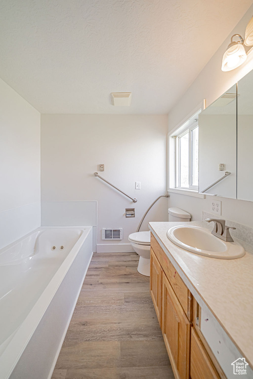 Bathroom featuring wood-type flooring, a bathtub, vanity, and toilet