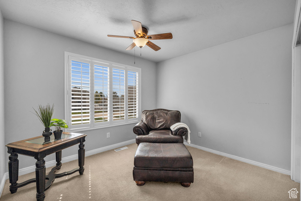 Living area featuring ceiling fan and carpet floors