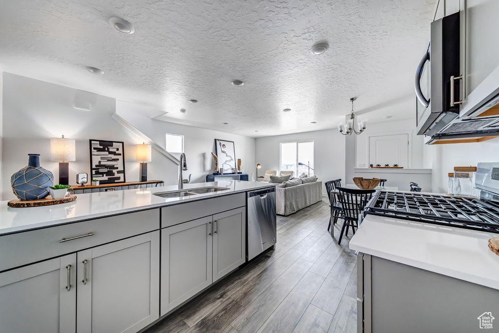 Kitchen featuring gray cabinets, stainless steel appliances, dark hardwood / wood-style floors, a textured ceiling, and sink