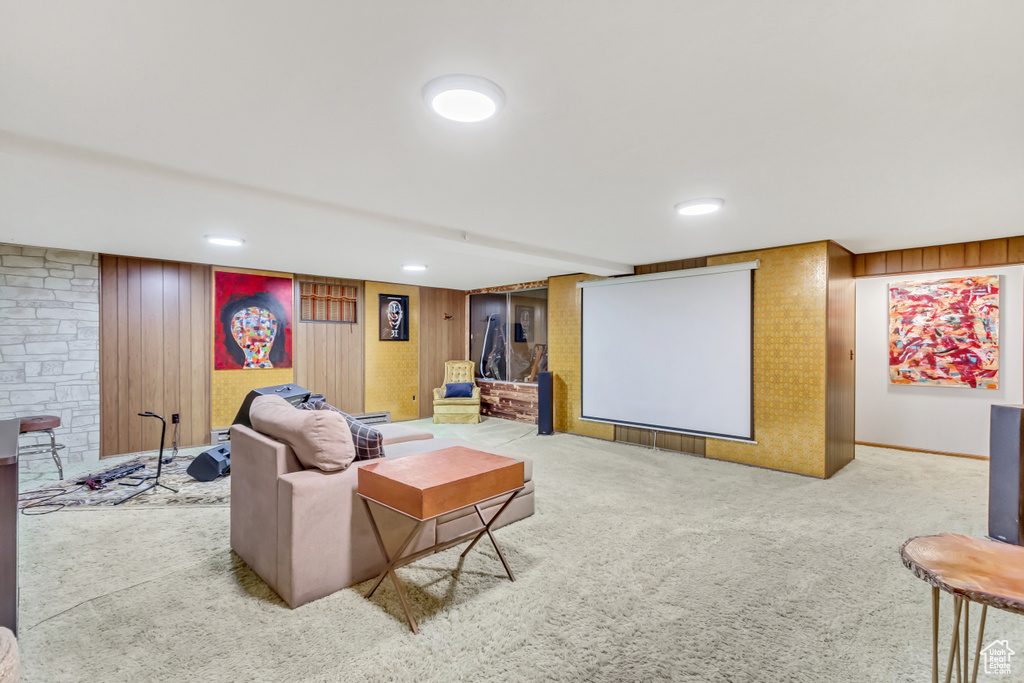Cinema room with wooden walls and carpet flooring