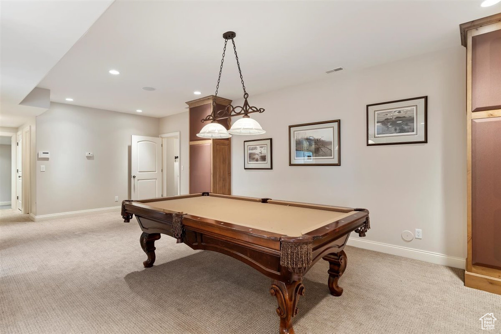 Game room with carpet flooring and billiards