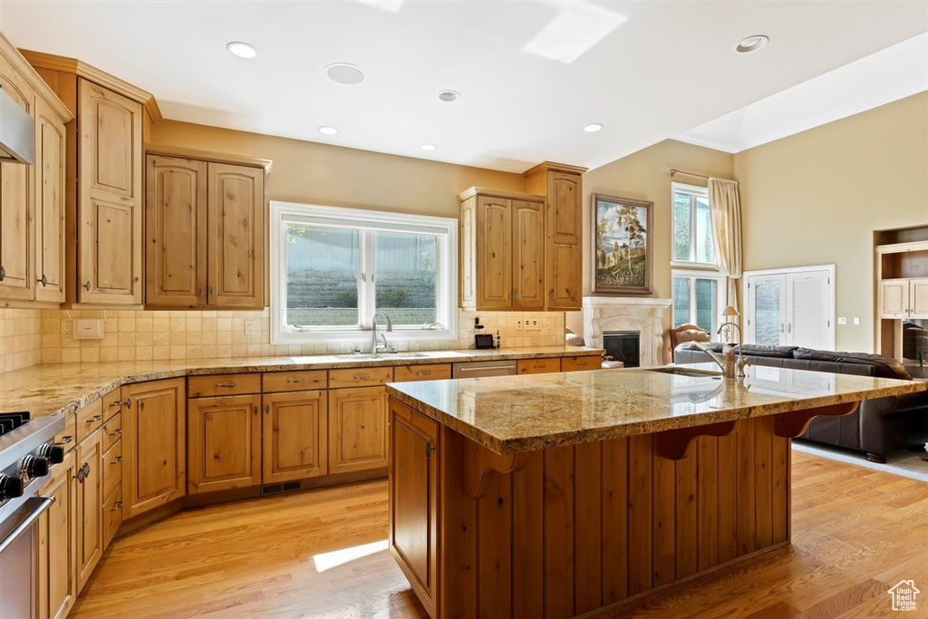 Kitchen with plenty of natural light, light hardwood / wood-style flooring, a kitchen island with sink, and tasteful backsplash