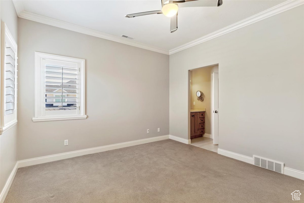 Unfurnished room with ornamental molding and light colored carpet