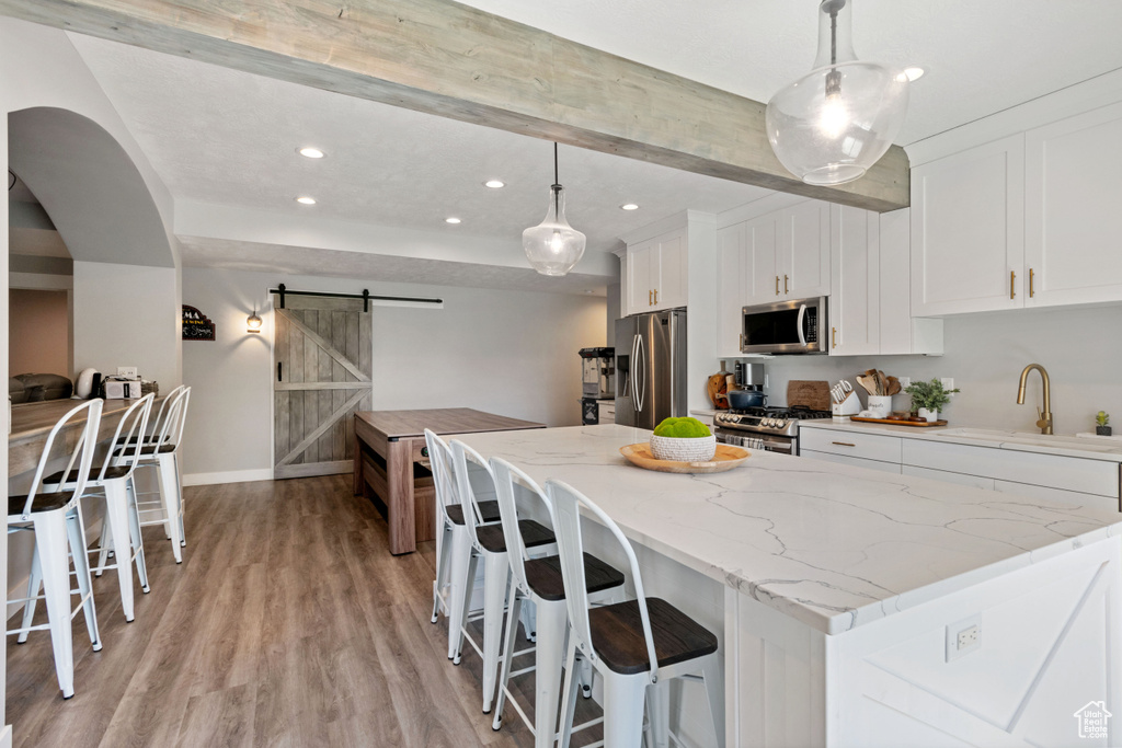 Kitchen featuring a barn door, appliances with stainless steel finishes, light hardwood / wood-style flooring, a kitchen island, and sink