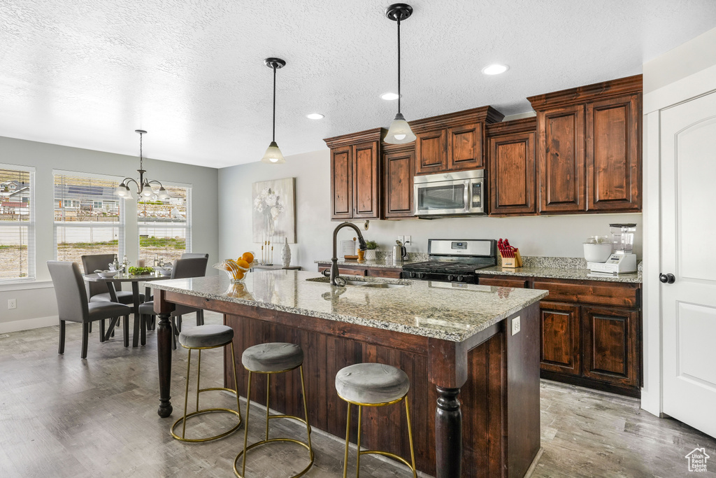 Kitchen with sink, stainless steel appliances, a center island with sink, hardwood / wood-style flooring, and pendant lighting