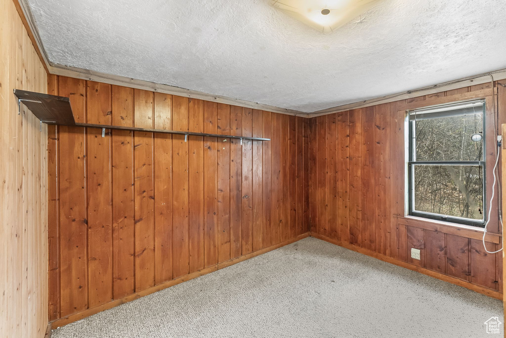 Carpeted empty room with wood walls and a textured ceiling