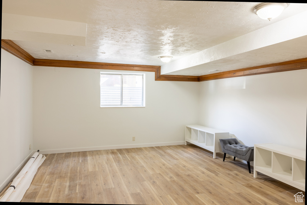 Basement featuring light hardwood / wood-style flooring and a textured ceiling