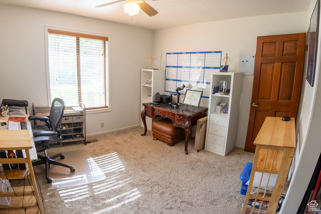 Carpeted home office with a wealth of natural light and ceiling fan