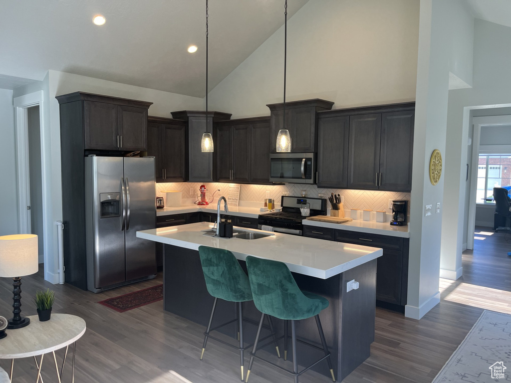 Kitchen with high vaulted ceiling, dark hardwood / wood-style floors, appliances with stainless steel finishes, sink, and a center island with sink
