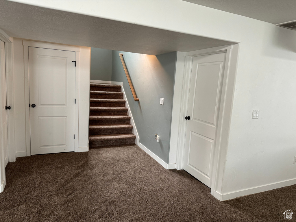Staircase featuring dark colored carpet