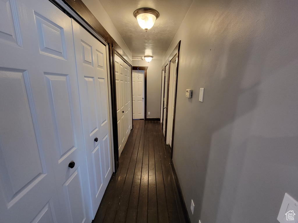 Hall with dark hardwood / wood-style flooring
