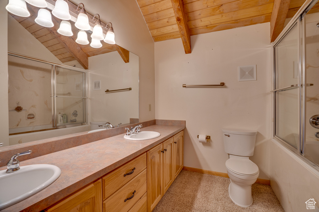 Full bathroom with vaulted ceiling with beams, toilet, shower / bath combination with glass door, and wood ceiling