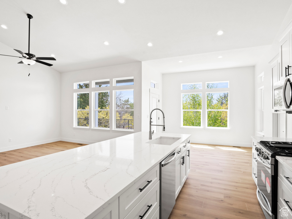 Kitchen featuring a healthy amount of sunlight, appliances with stainless steel finishes, and light hardwood / wood-style flooring